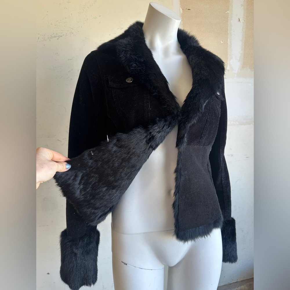 Vintage Y2K Bebe Black Corduroy Rabbit Fur Trim Jacket Penny Lane Style Boho Y2K